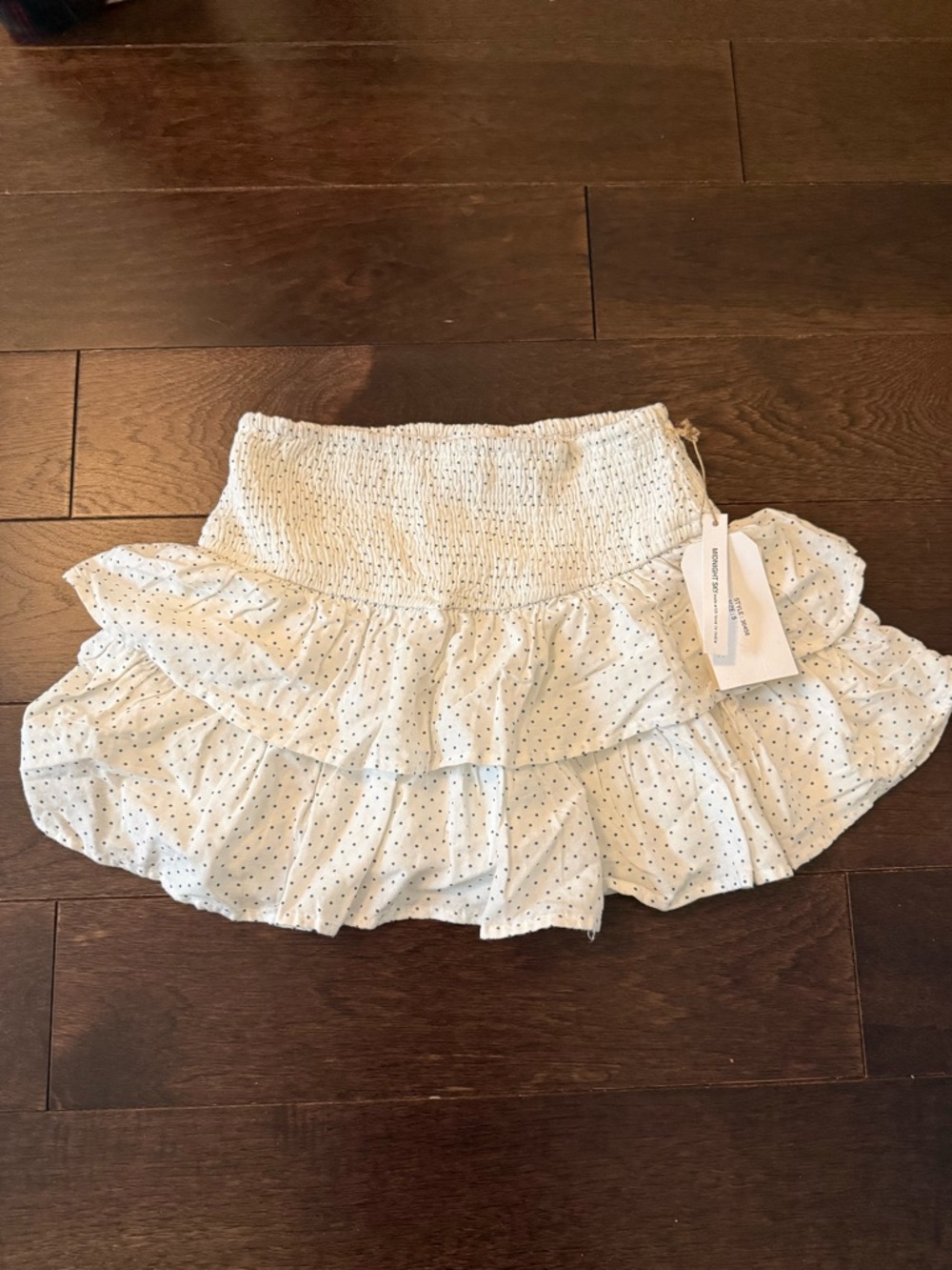 Smocked Ruffle Polka Dot Mini Skirt - White